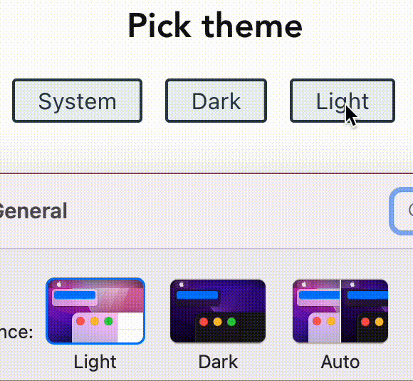 Screen recording of project showing dark &amp; light mode by system and user preference